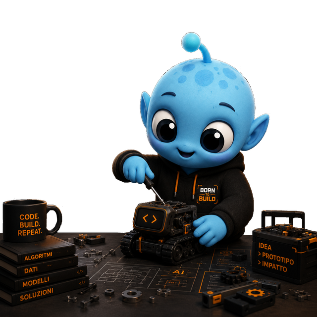 Broski, il prof alieno di Born to Build, costruisce un piccolo robot al banco di lavoro